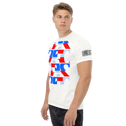 USA CREATES 250 Triple Stack Tee RWB, left front view with stacked 250 type design