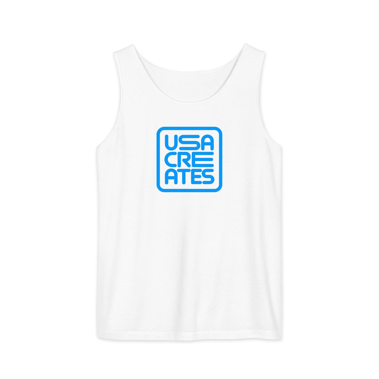 USA CREATES Signature Tank Blue, white front view with blue USA CREATES mark