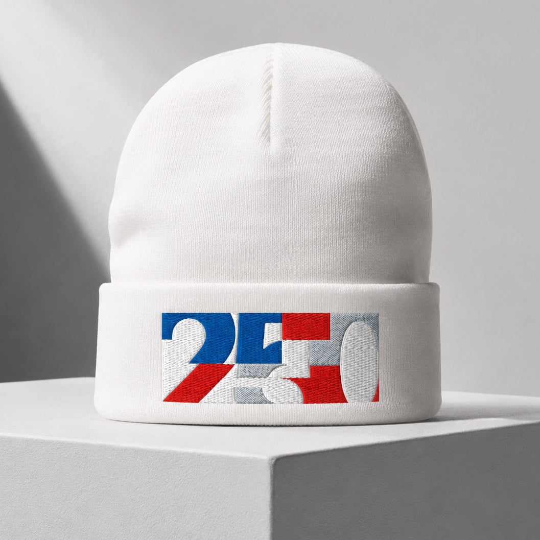 USA CREATES 250 Icon Beanie, white ribbed beanie with embroidered 250 icon patch shown on a flat display against a clean background