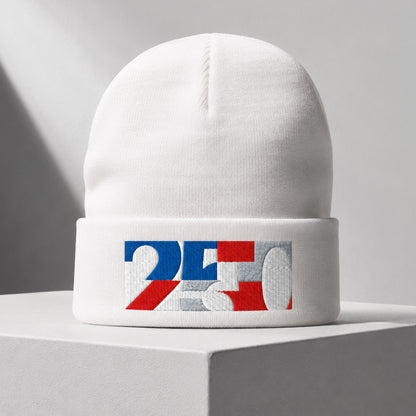 USA CREATES 250 Icon Beanie, white ribbed beanie with embroidered 250 icon patch shown on a flat display against a clean background