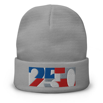 USA CREATES 250 Icon Beanie, gray front view with embroidered 250 icon