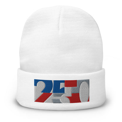 USA CREATES 250 Icon Beanie, white front view with embroidered 250 icon badge