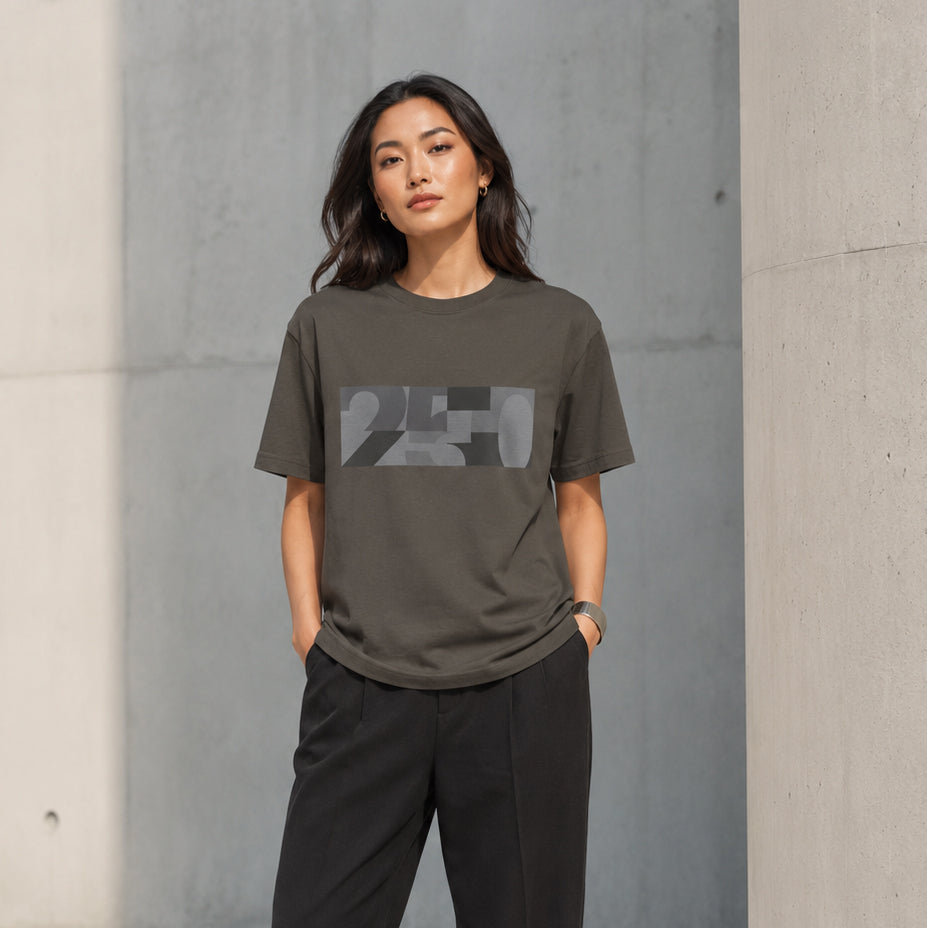 USA CREATES 250 Icon Block Tee Neutral, flint colorway worn by a woman in a minimal architectural editorial portrait