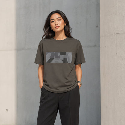 USA CREATES 250 Icon Block Tee Neutral, flint colorway worn by a woman in a minimal architectural editorial portrait