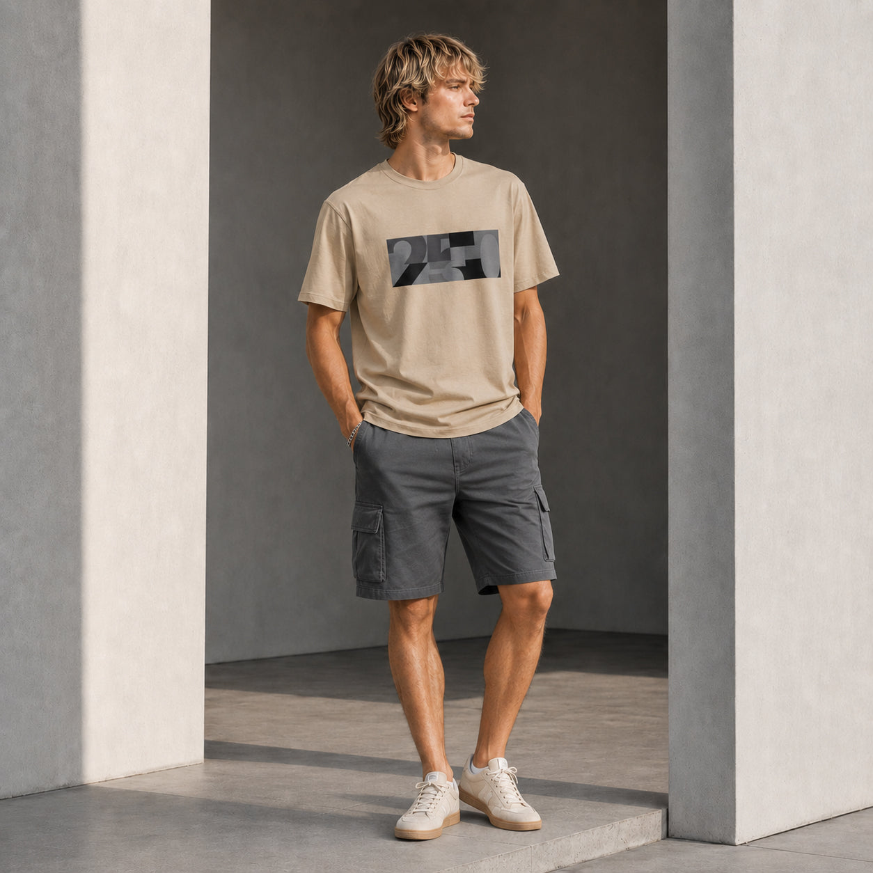 USA CREATES 250 Icon Block Tee Neutral, sand colorway worn by a man with cargo shorts in a modern architectural outdoor editorial portrait