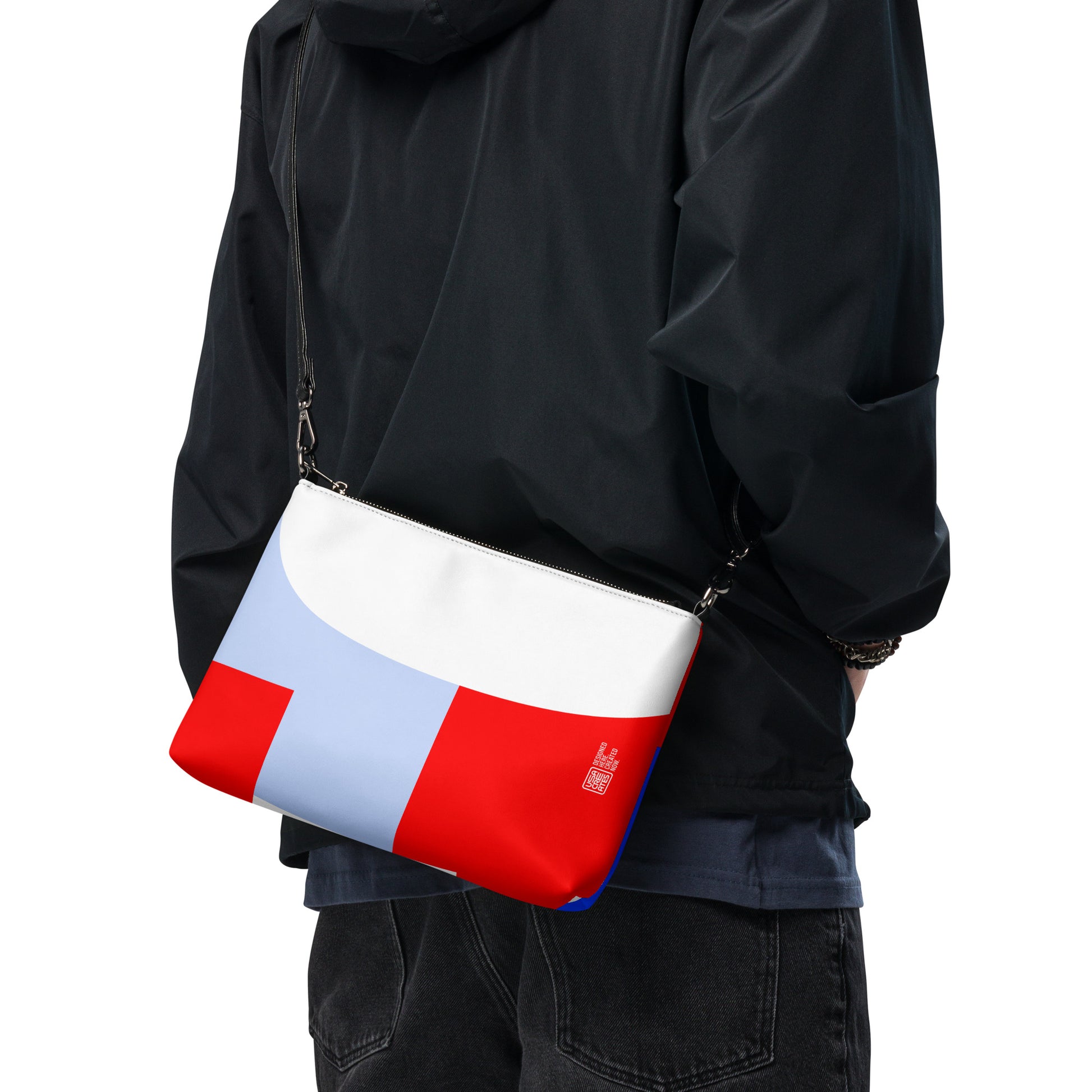 USA CREATES 250 Icon Crossbody Bag, worn on body showing adjustable strap and 250 icon design