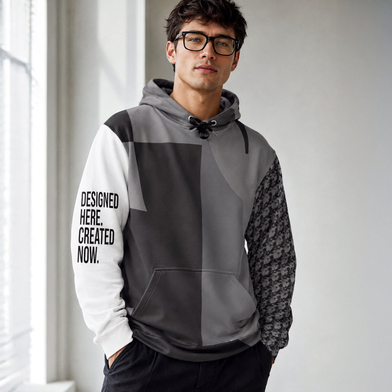 USA CREATES 250 Icon Hoodie Neutral, tonal gray color-block hoodie worn by a man with glasses in an indoor editorial portrait