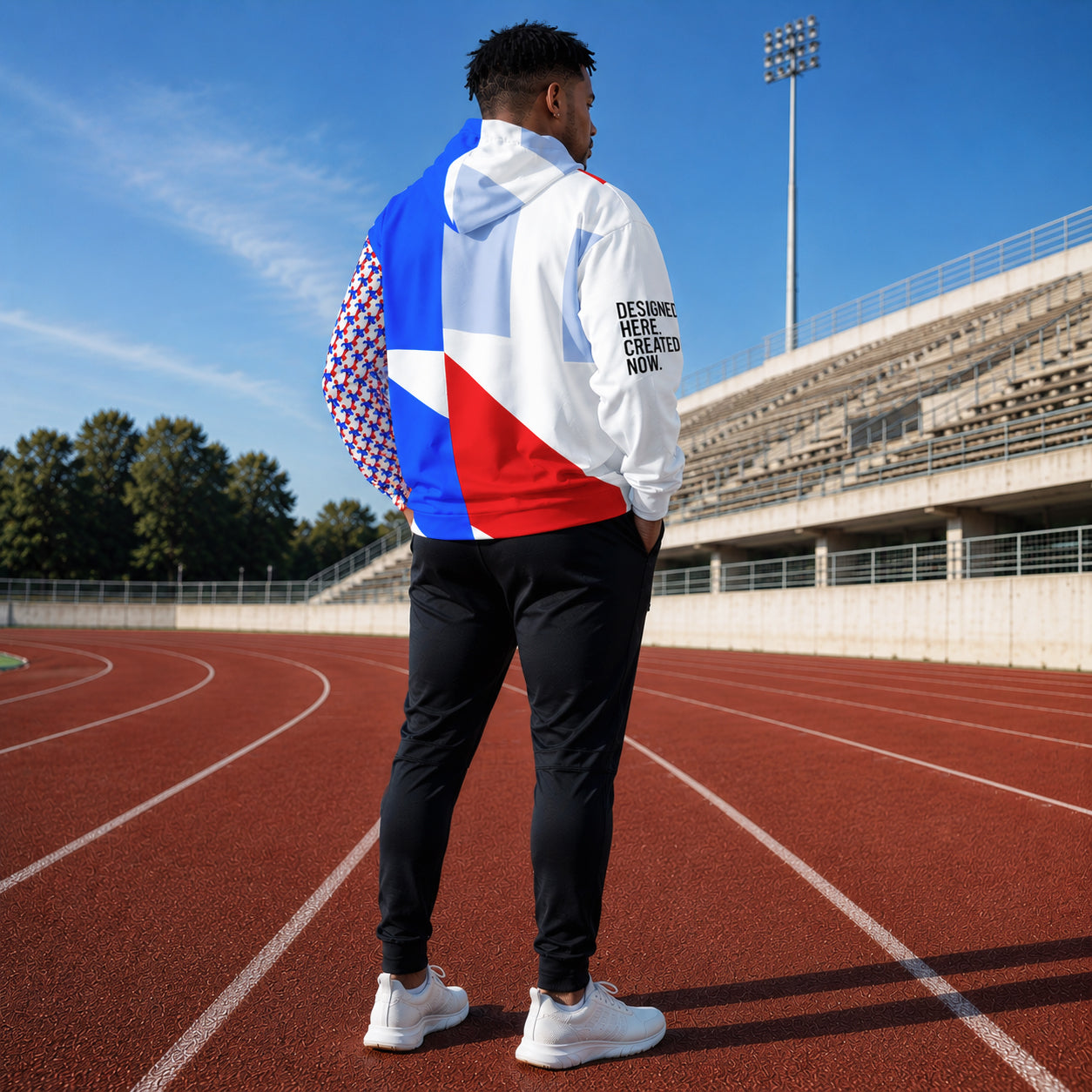 USA CREATES 250 Icon Hoodie RWB, shown in track athlete editorial portrait