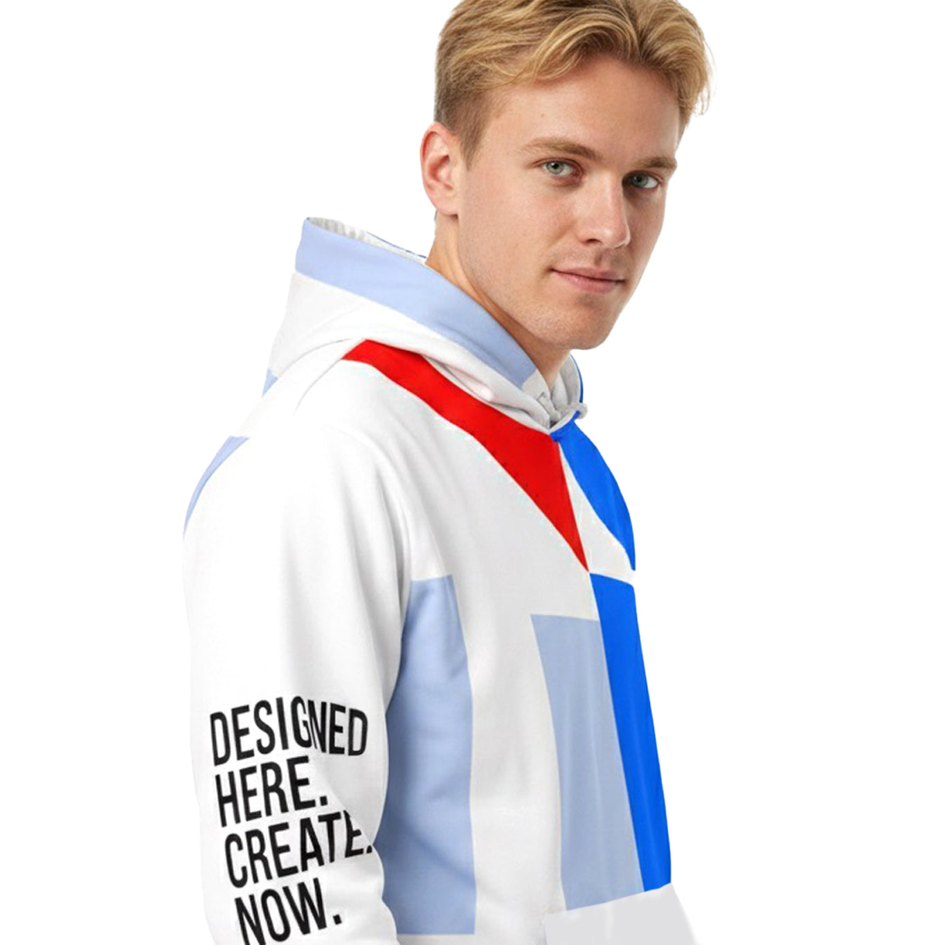 USA CREATES 250 Icon Hoodie RWB, white and blue color-block hoodie worn by a man in a close-up side editorial portrait