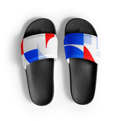USA CREATES 250 Icon Men's Slides RWB, black sole front view with red, white, and blue strap artwork