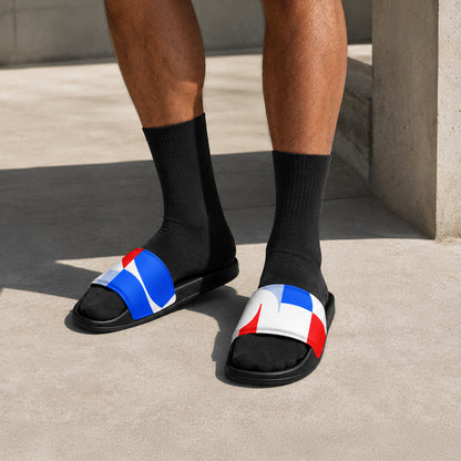 USA CREATES 250 Icon Men's Slides RWB, shown with socks in editorial styling