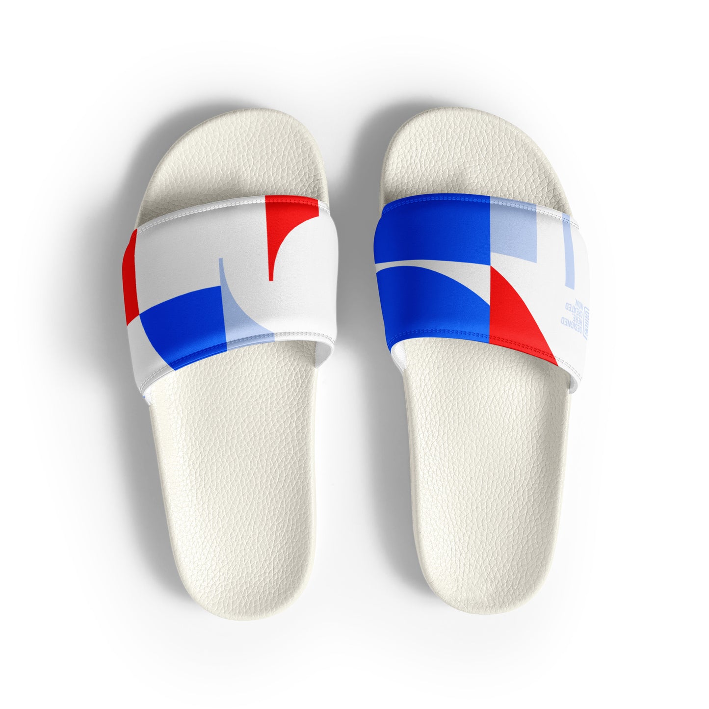 USA CREATES 250 Icon Men's Slides RWB, white sole front view with red, white, and blue strap artwork