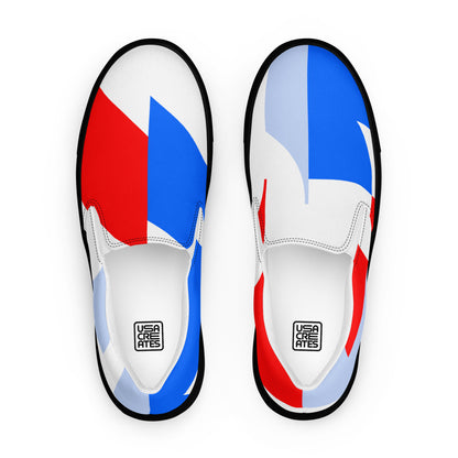 USA CREATES 250 Icon Men's Slip-On RWB, black sole front view with red, white, and blue geometric 250 artwork