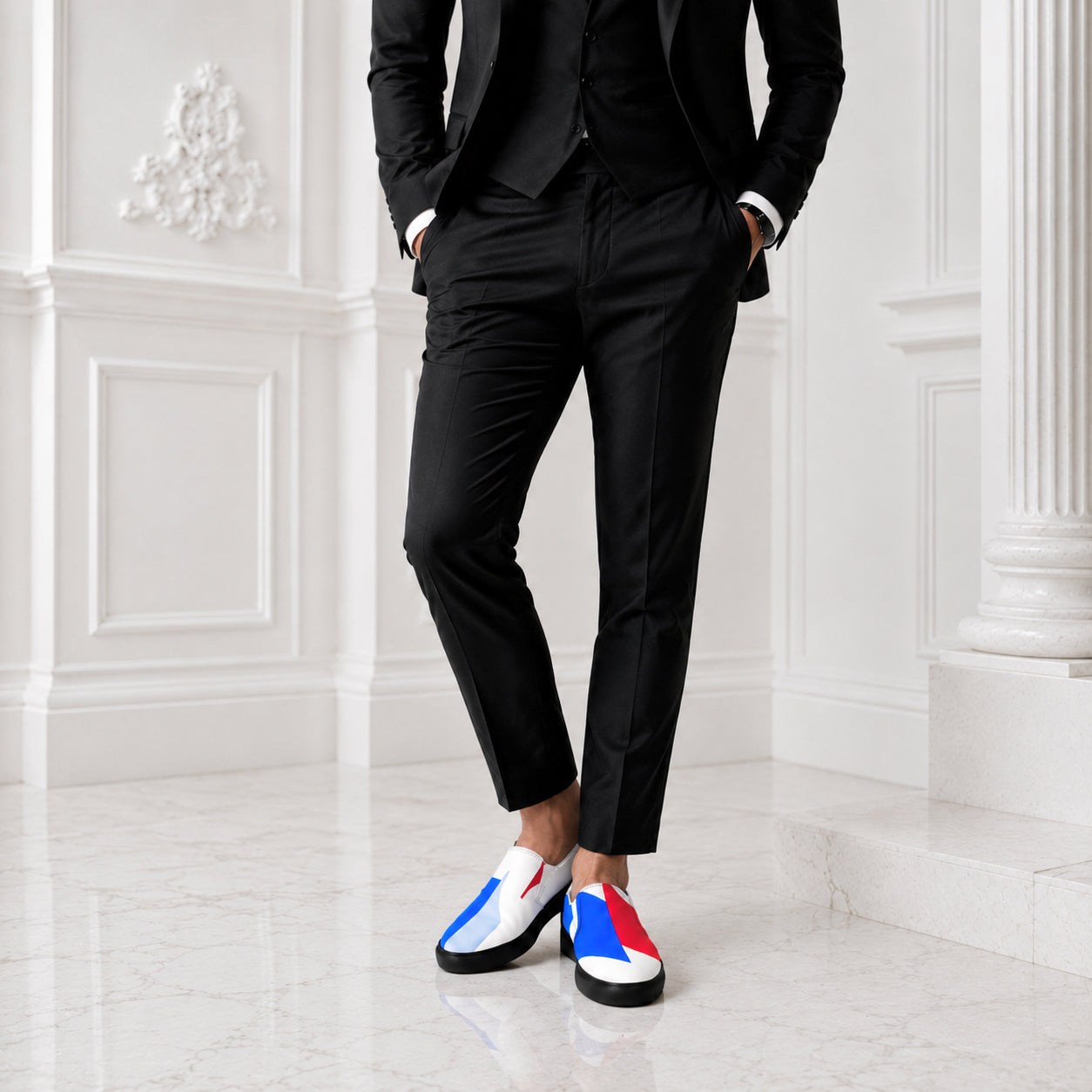 USA CREATES 250 Icon Men's Slip-On RWB, shown in tuxedo editorial styling