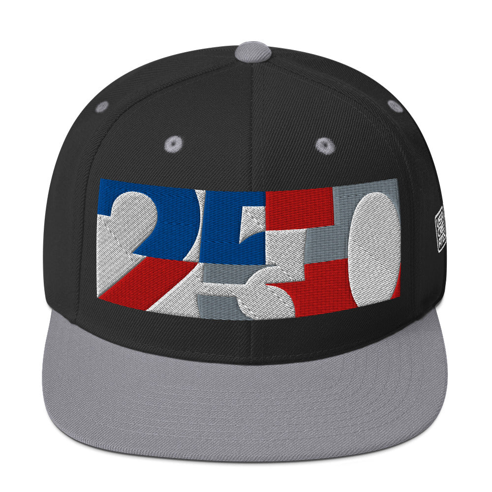 USA CREATES 250 Icon Snapback, black and silver front view with embroidered 250 icon