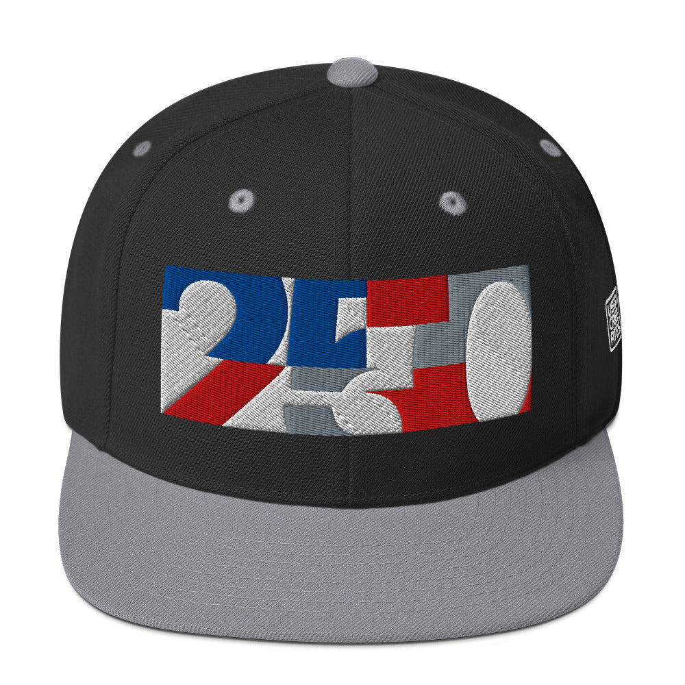 USA CREATES 250 Icon Snapback, black and silver front view with embroidered 250 icon