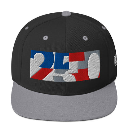 USA CREATES 250 Icon Snapback, black and silver front view with embroidered 250 icon