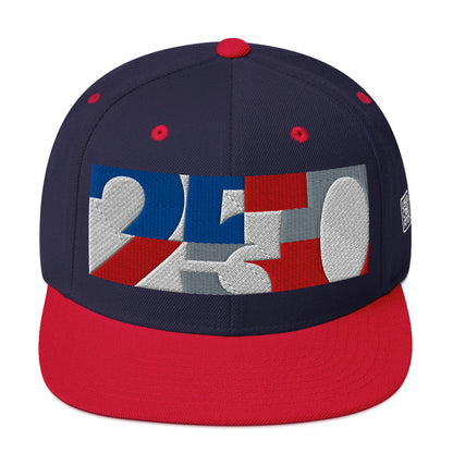 USA CREATES 250 Icon Snapback, navy and red front view with embroidered 250 icon
