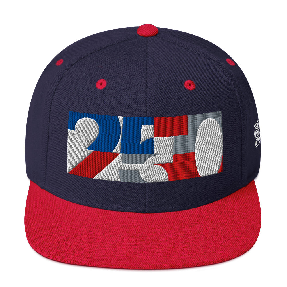 USA CREATES 250 Icon Snapback, navy and red front view with embroidered 250 icon