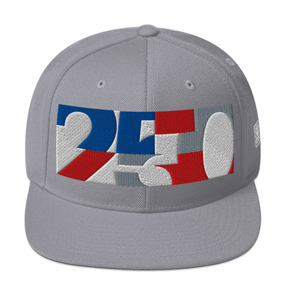 USA CREATES 250 Icon Snapback, silver front view with embroidered 250 icon