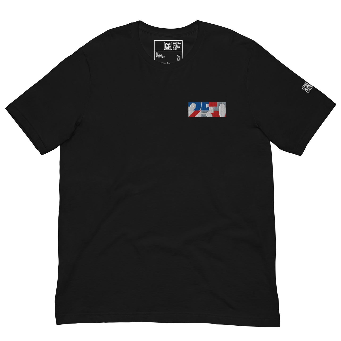 USA CREATES 250 Icon Tee RWB, black tee front view with red, white, and blue 250 chest and sleeve detail