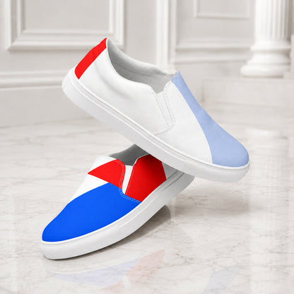 USA CREATES 250 Icon Women's Slip-On RWB, shown in editorial scene on marble floor