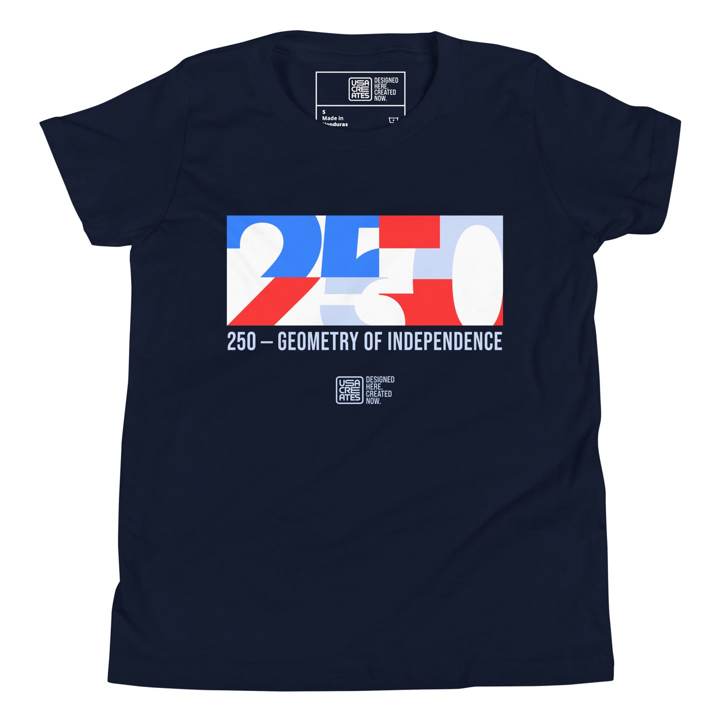 USA CREATES 250 Icon Youth Tee RWB, navy front view with red, white, and blue 250 artwork