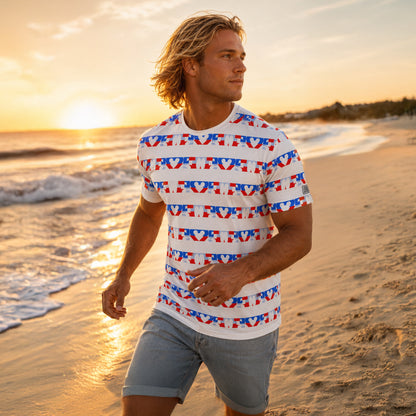 USA CREATES 250 Love Stripe Tee Men's, shown in beach editorial portrait