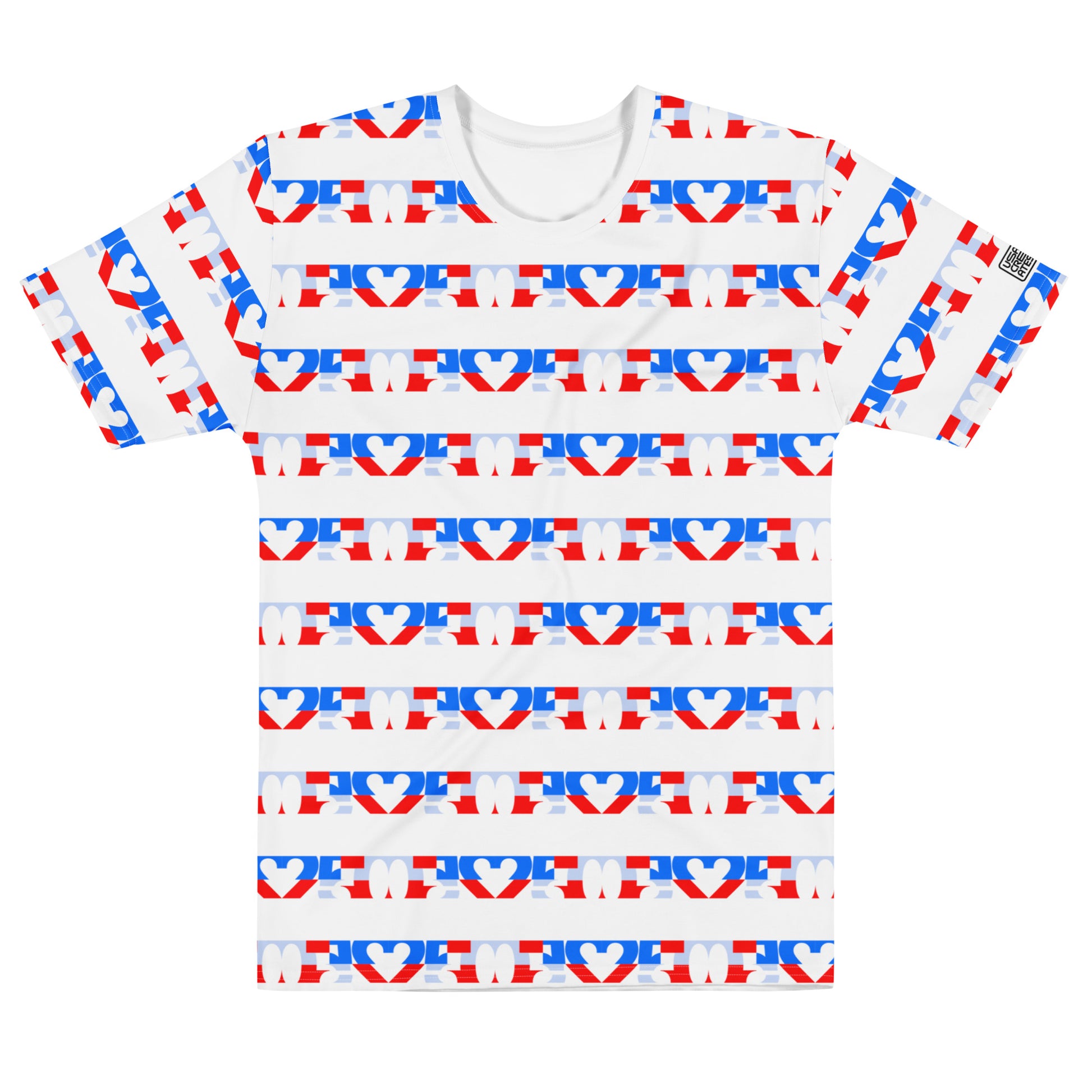 USA CREATES 250 Love Stripe Tee Men's, white front view with red, white, and blue love stripe artwork