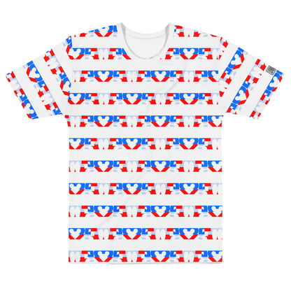 USA CREATES 250 Love Stripe Tee Men's, white front view with red, white, and blue love stripe artwork