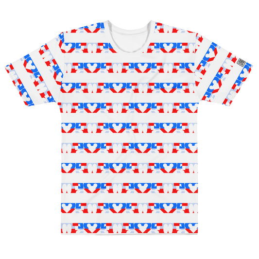 USA CREATES 250 Love Stripe Tee Men's, white front view with red, white, and blue love stripe artwork