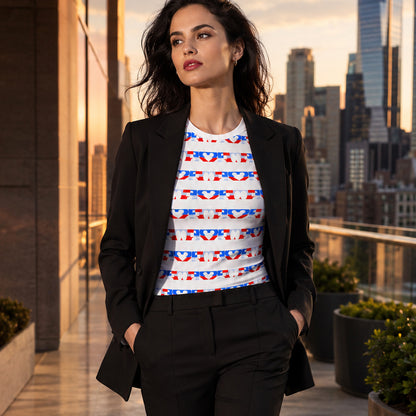 USA CREATES 250 Love Stripe Tee Women's, shown in skyline editorial portrait