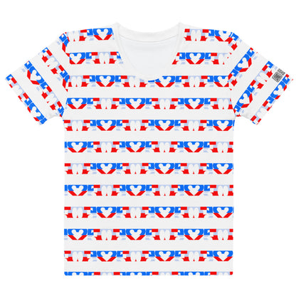USA CREATES 250 Love Stripe Tee Women's, white front view with red, white, and blue love stripe artwork