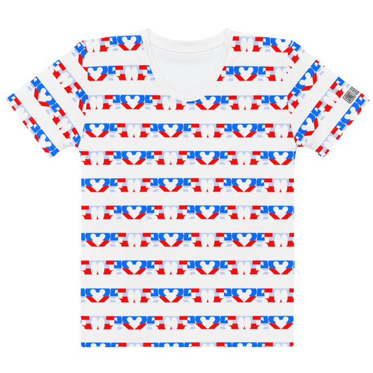 USA CREATES 250 Love Stripe Tee Women's, white front view with red, white, and blue love stripe artwork