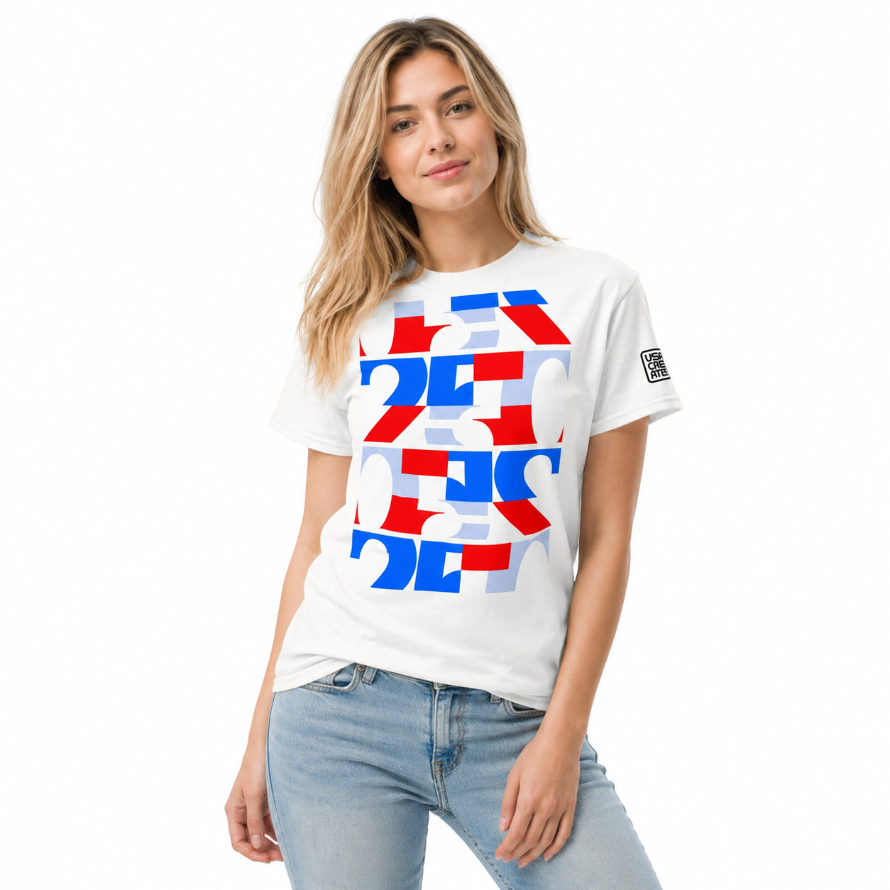 USA CREATES 250 Triple Stack Tee RWB, white tee with stacked RWB 250 graphic worn by a woman in jeans in a relaxed editorial portrait