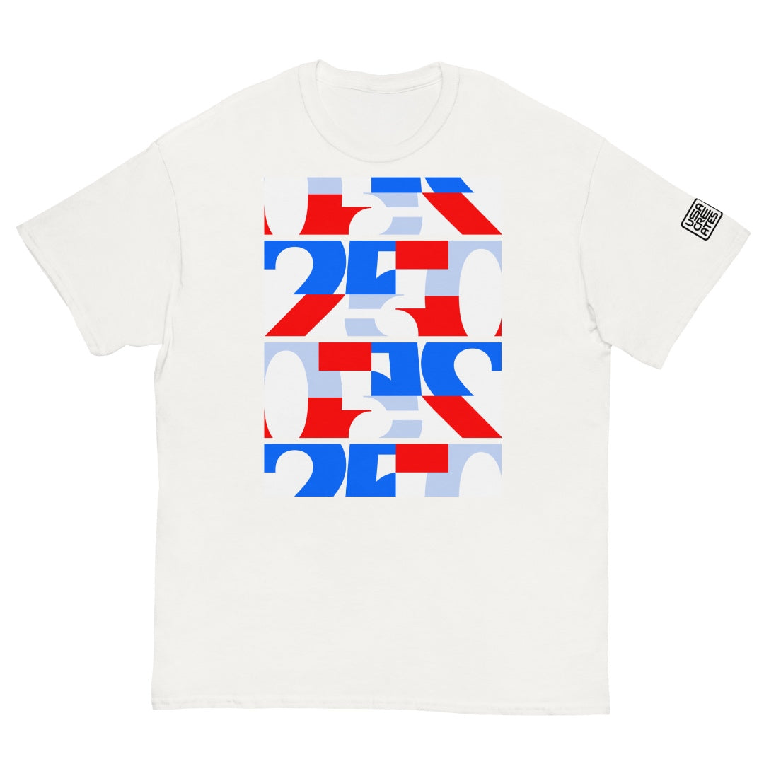 USA CREATES 250 Triple Stack Tee RWB, front view with stacked red, white, and blue 250 type design