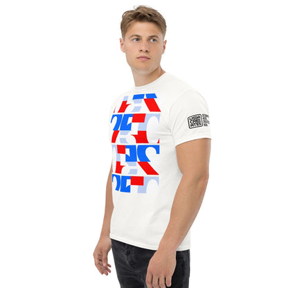 USA CREATES 250 Triple Stack Tee RWB, left front view with stacked 250 type design