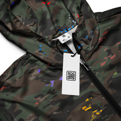 USA CREATES Camo Bit Color Breaker Windbreaker, close-up zipper and tag detail with camo pattern