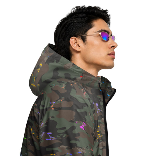 USA CREATES Camo Bit Color Breaker Windbreaker, shown in editorial portrait with subtle color-accent camo