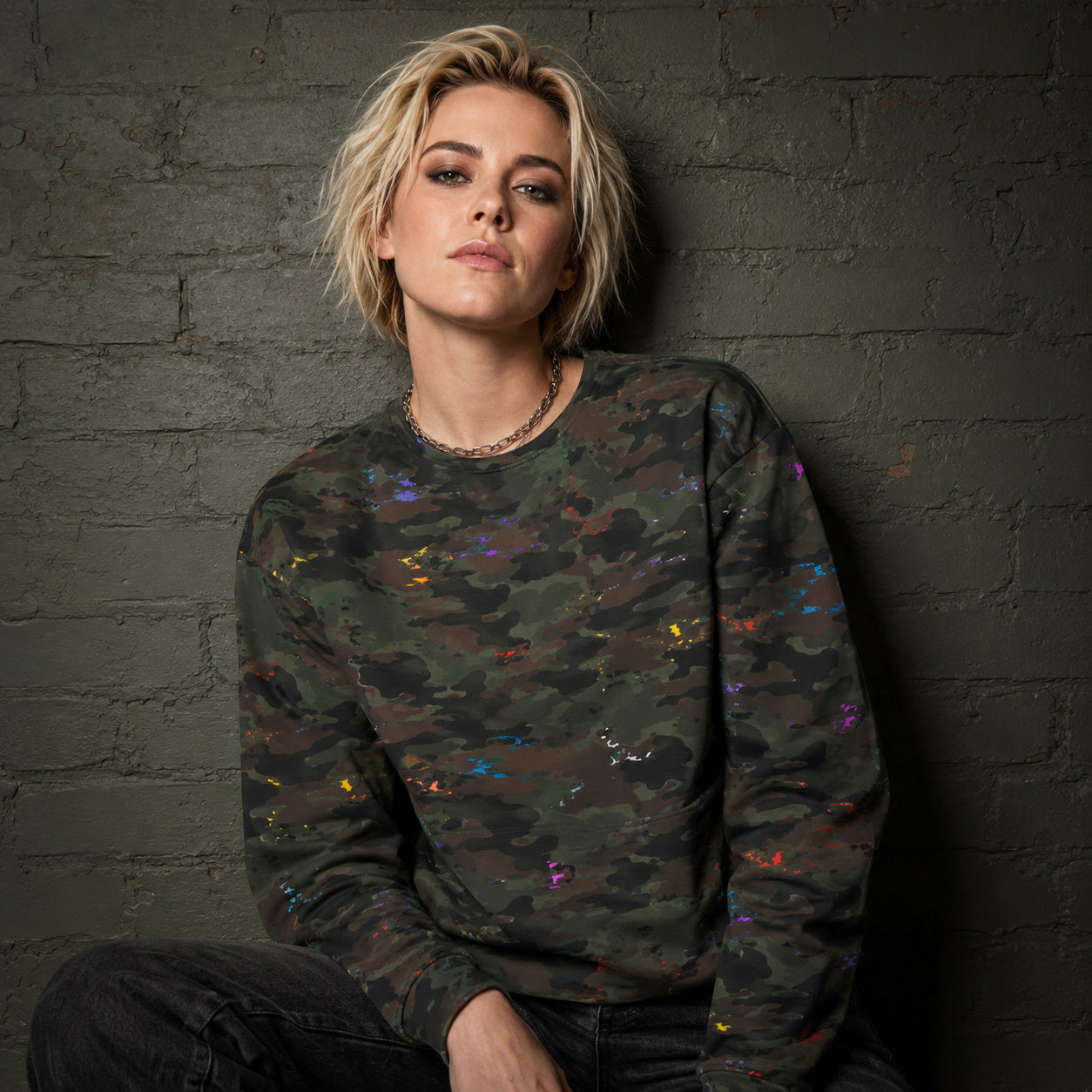 USA CREATES Camo Bit Color Sweatshirt, shown in editorial portrait