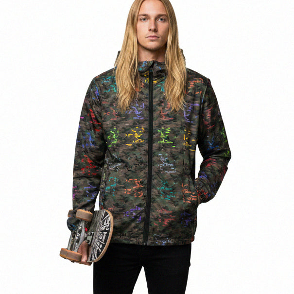 USA CREATES Camo Color Breaker Windbreaker, shown in street editorial styling with color camo design