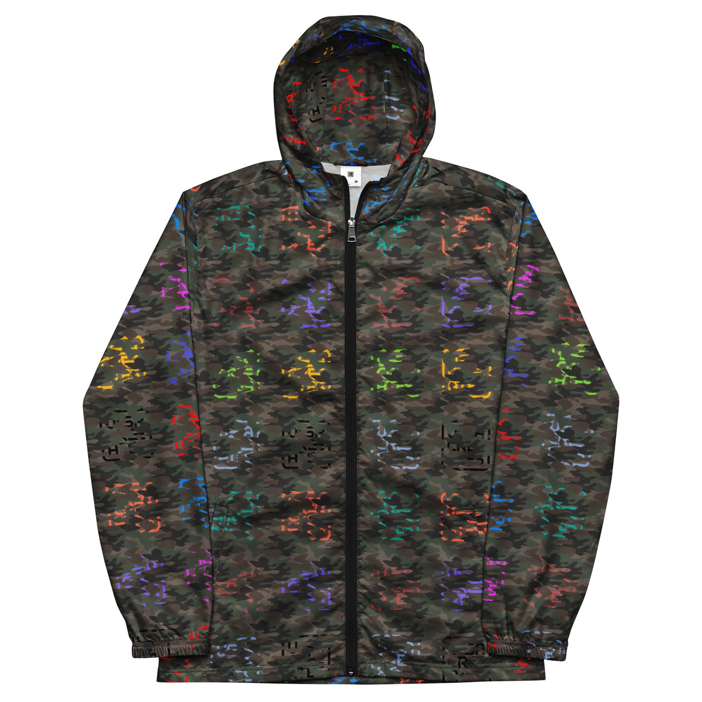 USA CREATES Camo Color Breaker Windbreaker, front view with color camo pattern and scattered city-light accents