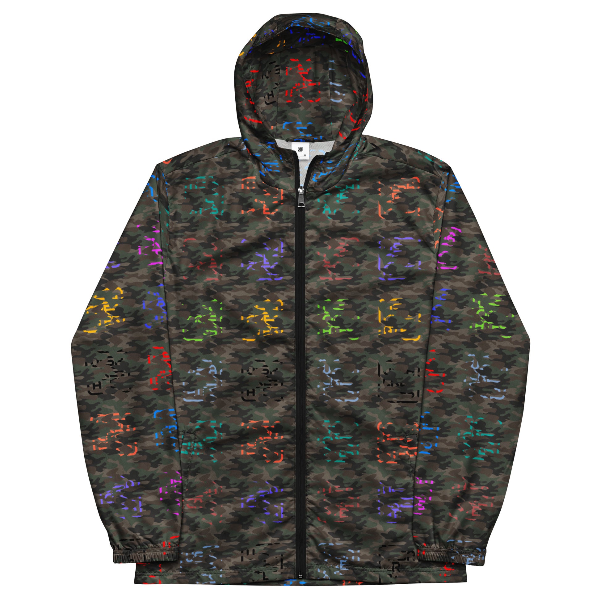 USA CREATES Camo Color Breaker Windbreaker, front view with color camo pattern and scattered city-light accents
