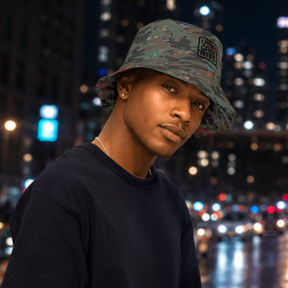 USA CREATES Camo Reversible Bucket Hat, shown in night editorial styling with Camo Bit Color pattern side