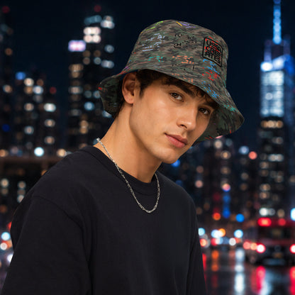 USA CREATES Camo Reversible Bucket Hat, shown in second night editorial styling with Camo Bit Color pattern side
