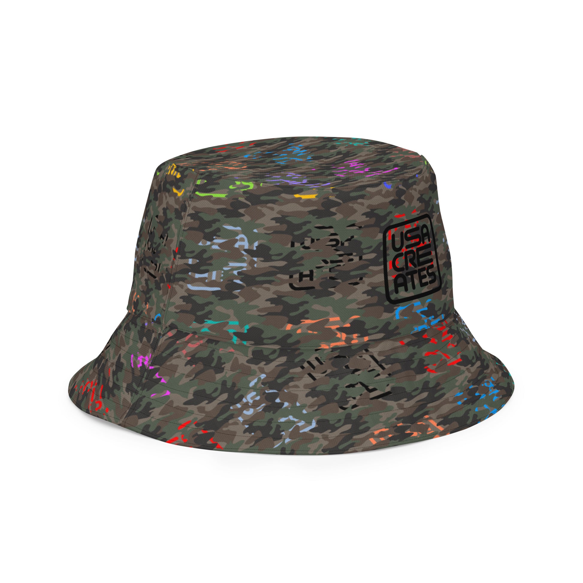 USA CREATES Camo Reversible Bucket Hat, side front view with Camo Bit Color pattern side