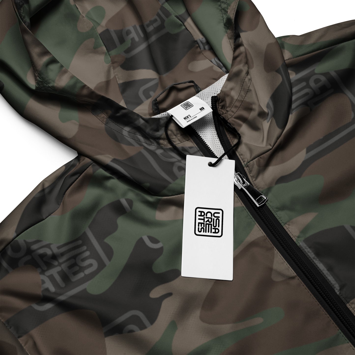 USA CREATES Camo Signature Breaker Windbreaker, close-up zipper and tag detail with tonal camo pattern