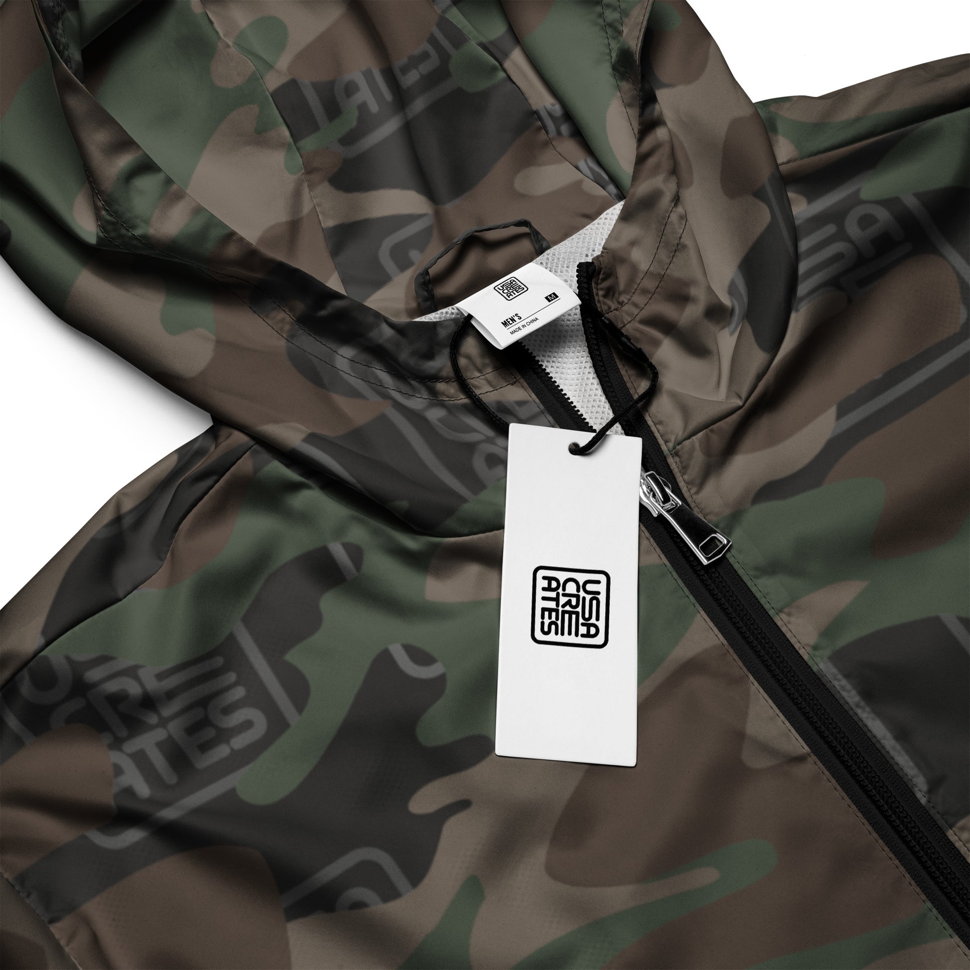 USA CREATES Camo Signature Breaker Windbreaker, close-up zipper and tag detail with tonal camo pattern