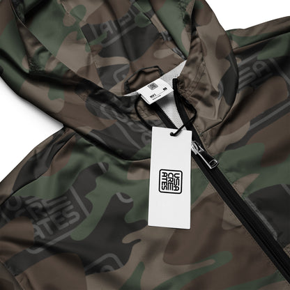 USA CREATES Camo Signature Breaker Windbreaker, close-up zipper and tag detail with tonal camo pattern