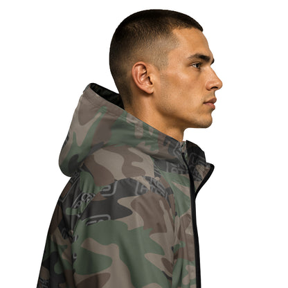 USA CREATES Camo Signature Breaker Windbreaker, hooded side view with tonal camo and fused USA CREATES pattern
